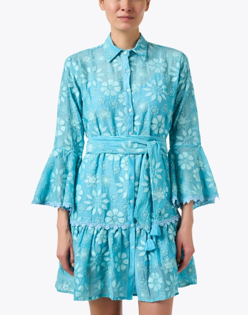 Stylish Blue Floral-Embroidered Women's Shirt Dress