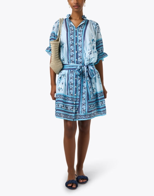 Stylish Blue Print Blouson Mini Dress with Feminine Details
