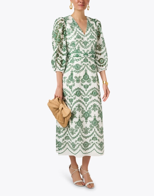 Ivory and Green Cotton Eyelet Glenda Midi Dress for All Events