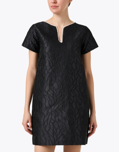 Stunning Lulu Black Textured Satin Jacquard Pearl - Trimmed Dress