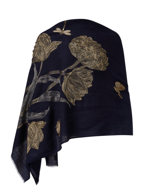 Exquisite Hand-embroidered Navy Merino Wool Scarf from India