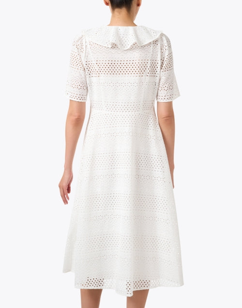 Elegant Ella White Broderie Midi Dress with Ruffle Collar