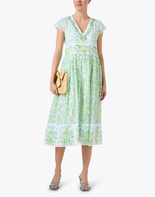 Stylish Blue and Green Floral Print 100% Cotton Midi Dress