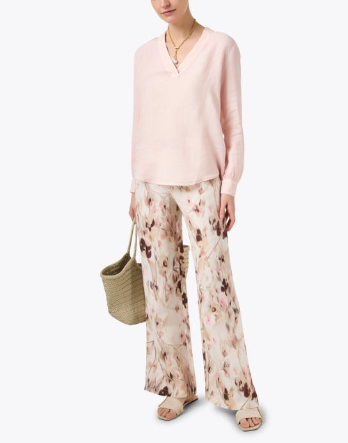 Pink Floral Print Relaxed Wide Leg Linen Beach Pants