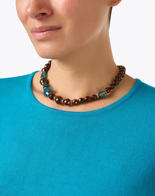 Exquisite Brown and Teal Colored Beaded Fashion Necklace