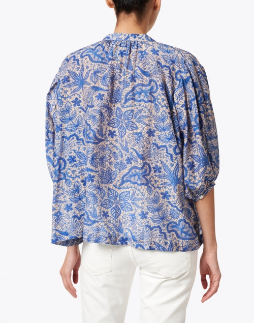 Nora Women's Blue Botanical Print Cotton - Silk Casual Blouse for Warm Weather