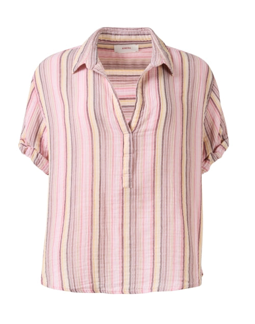 Pink and Striped Cotton Collared Seaside Casual Top by Xirena