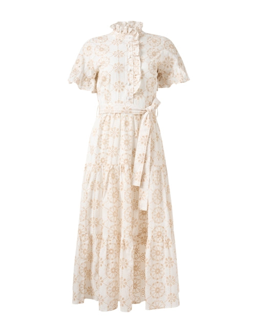 Abbey Glass Sadie Cotton Eyelet Dress in White and Beige