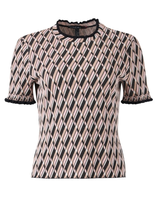 Stylish Wool-Cotton Blend Geometric Print Short-Sleeve Ruffle Top