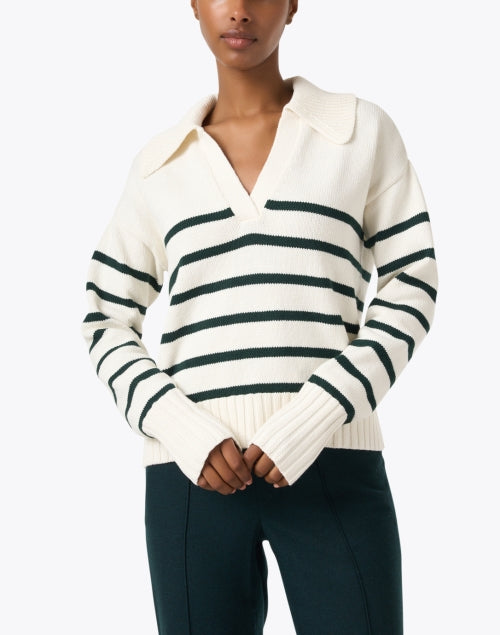 Veronica Beard Ivory and Green Striped Collared Knit Sweater for Effortless Style