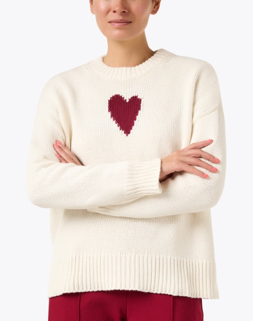 Charming Ivory Cotton Crewneck Sweater with a Sweet Red Heart