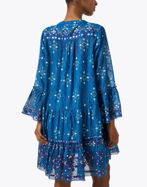 Stylish Blue Cotton Mosaic Print Flared-Sleeve Dress