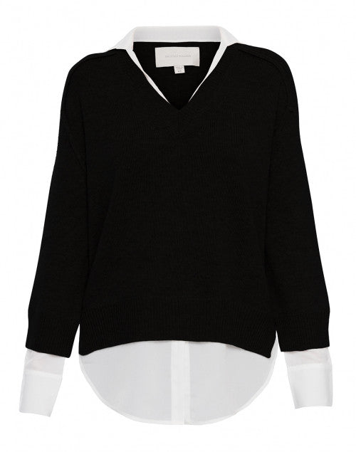Stylish Black Cashmere Blend Sweater with White Shirt Detailing