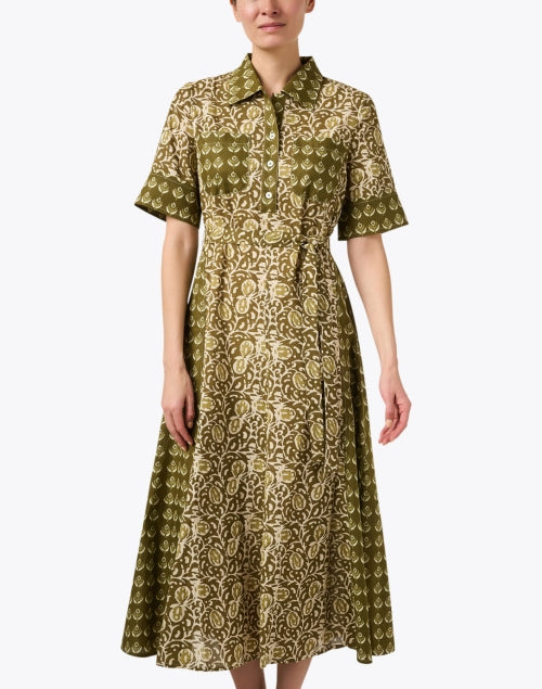 Elegant Women's Green Multi-Print Shirt Style Dress