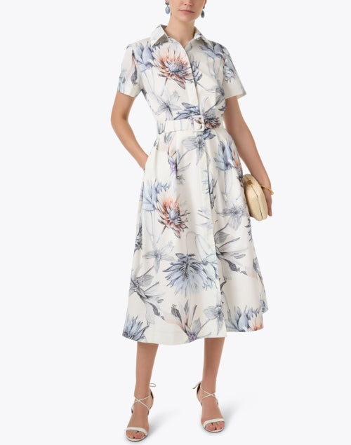 Elegant Ivory-colored Dahlia Patterned Women's Shirt Dress