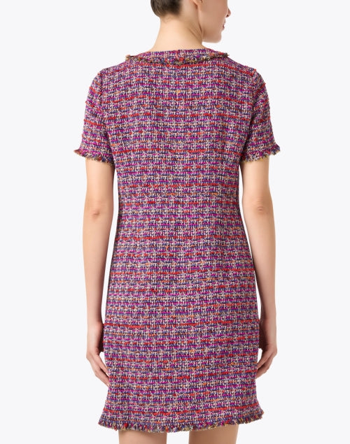 Santorelli's Shea-style Magenta Tweed Mini Dress with Fringe and Faux Gold Button Closure