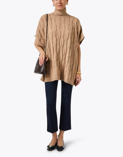 Soft Tan Cable-Knit Poncho-Style Alpaca-Cotton Blend Sweater
