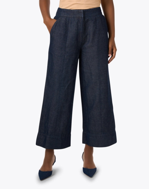 Stylish Navy Cotton-Linen Blend Odele Denim Flowy Wide-Leg Pants