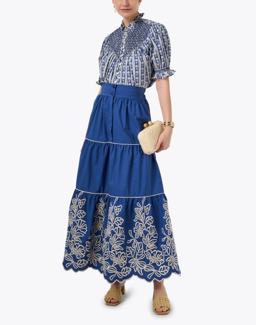 Stylish Nuvola Blue Cotton Embroidered Tiered Skirt