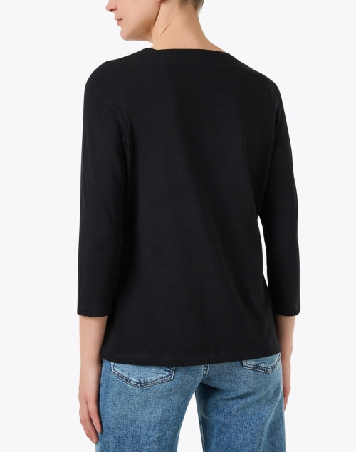 Stylish Black Cotton Knit Top with Embroidered White Stitch Detail