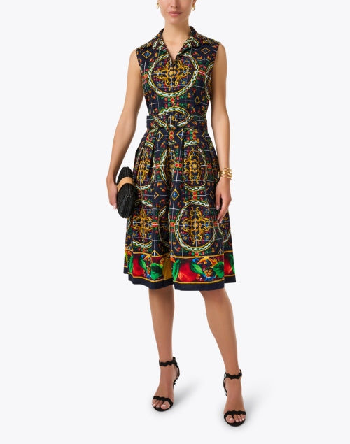 Navy Multicolor Tile Print Audrey Style Women's Dress