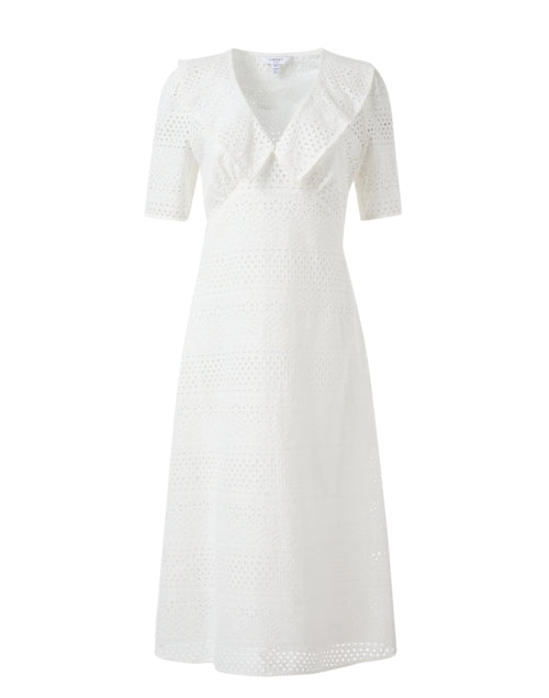 Elegant Ella White Broderie Midi Dress with Ruffle Collar