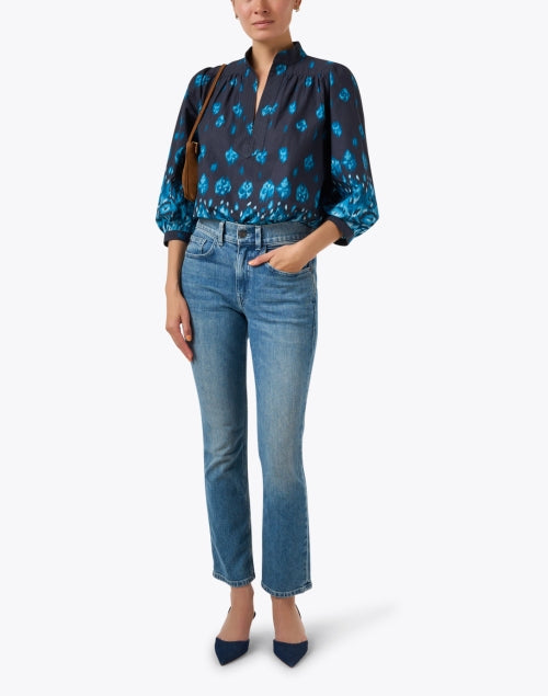 Stylish Danilia Blue Ikat Patterned Cotton Blouse with 3/4 Sleeves