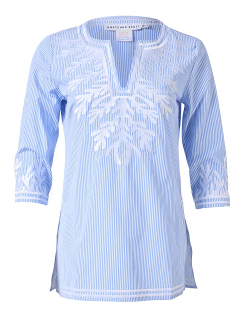 Blue Striped Embroidered Cotton Poplin Casual Tunic Blouse by Gretchen Scott