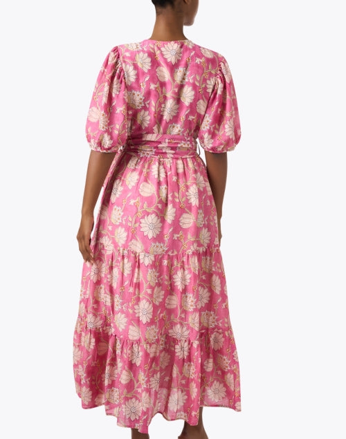 Stunning Pink Floral Print Short Puff Sleeve Maxi Dress