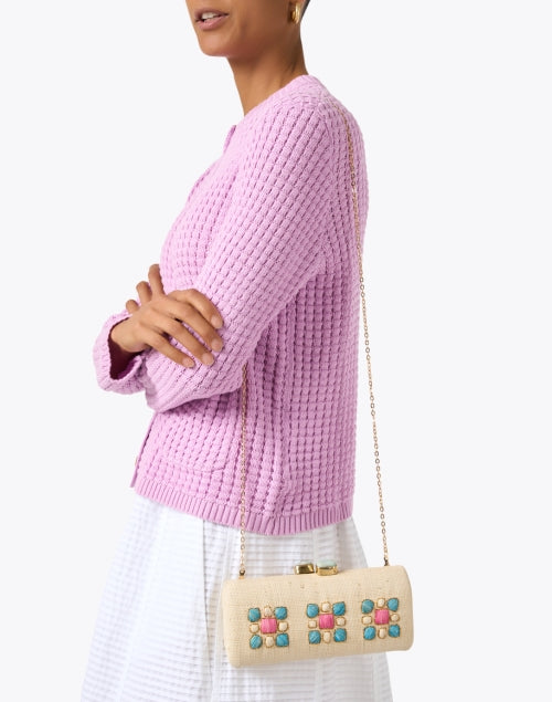 Pamela Munson Embroidered Raffia Clutch with Jewel Motif