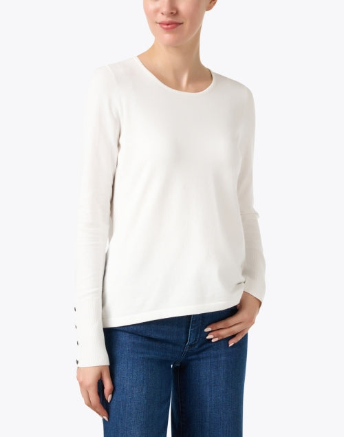 Ivory-colored Knit Crew Neck Top with Button Detailing on Cuffs