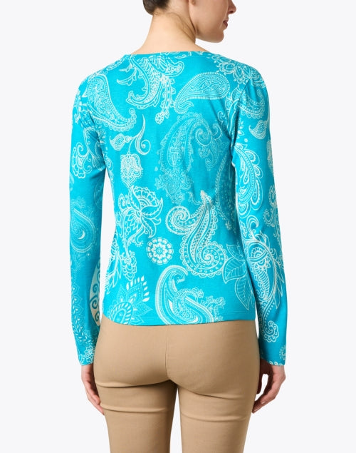 Exquisite Turquoise Paisley Patterned Cashmere-Silk Blend Women's Sweater