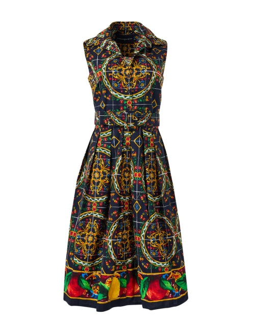 Navy Multicolor Tile Print Audrey Style Women's Dress