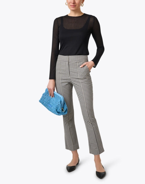 Stylish Black Ribbed Knit Sheer Long Sleeve Women's Top with Stretch Tank Lining