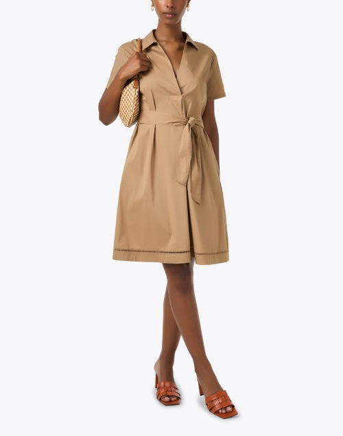 Stunning Tan Cotton Poplin Stretch Blend A-Line Shirt Dress