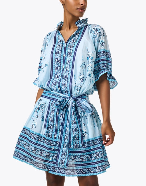 Stylish Blue Print Blouson Mini Dress with Feminine Details