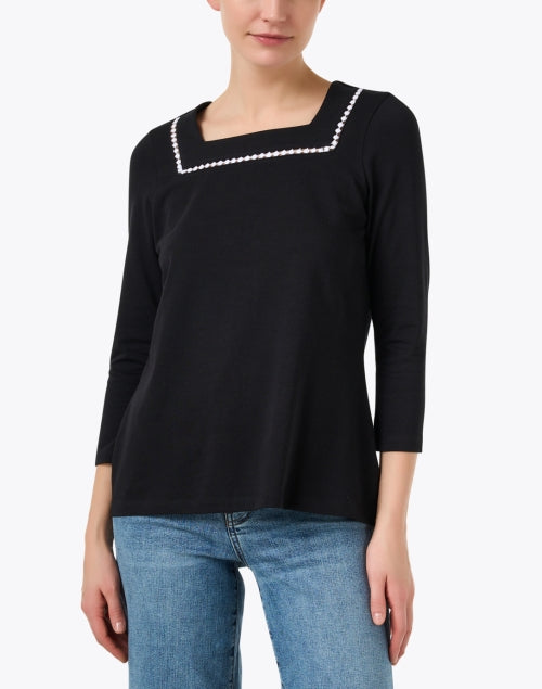 Stylish Black Cotton Knit Top with Embroidered White Stitch Detail