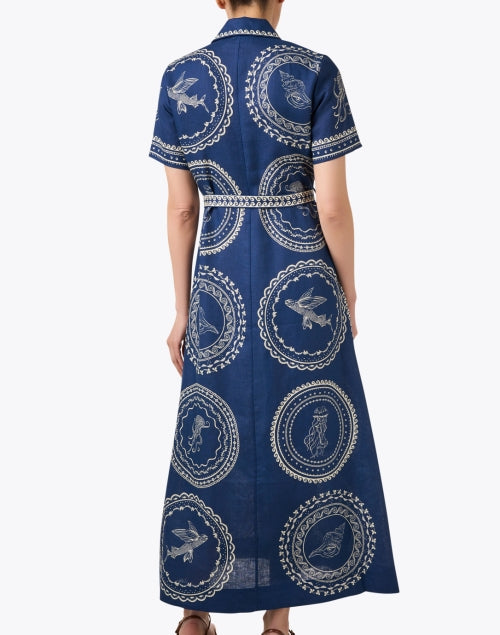 Navy Colored Printed Linen Women's Shirt Style Dress