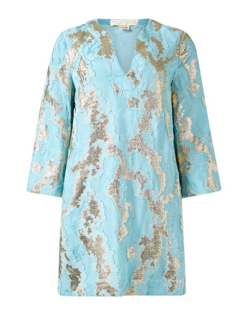 Exquisite Ines Turquoise and Gold Metallic Jacquard Shift Dress