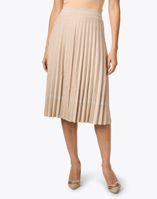 Fall-Trending Tan Stretch Wool Knit Pleated Skirt with Elastic Waist