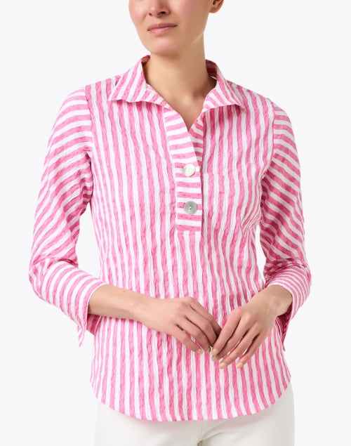 Stylish Pink and White Striped Stretch Cotton Blend Blouse