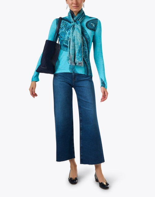 Stylish Blue Paisley-Printed Luxury Bamboo, Cashmere & Silk Blend Sweater