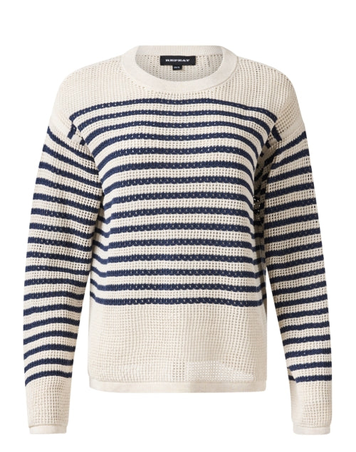 Ivory-Colored Striped Cotton Blend Waffle Knit Fashion Sweater for Transitional Weather