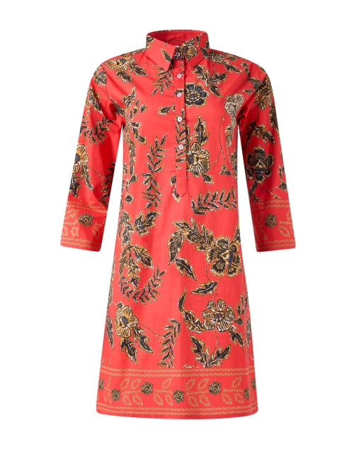 Stunning Red Floral Stretch Cotton Shirt Dress for Women