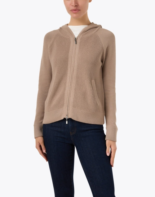Tan-colored Cotton Zip-up Hooded Casual Jacket for Relaxed Wear