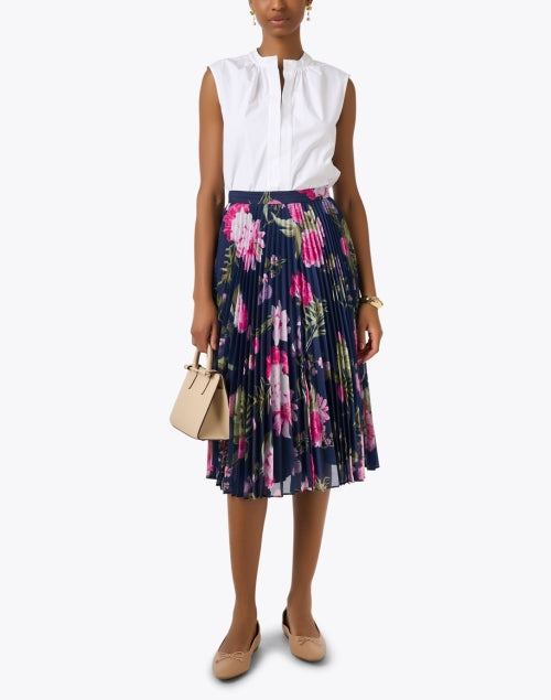 Navy Blue Floral Patterned Pleated Women's A-Line Skirt by Christy Lynn