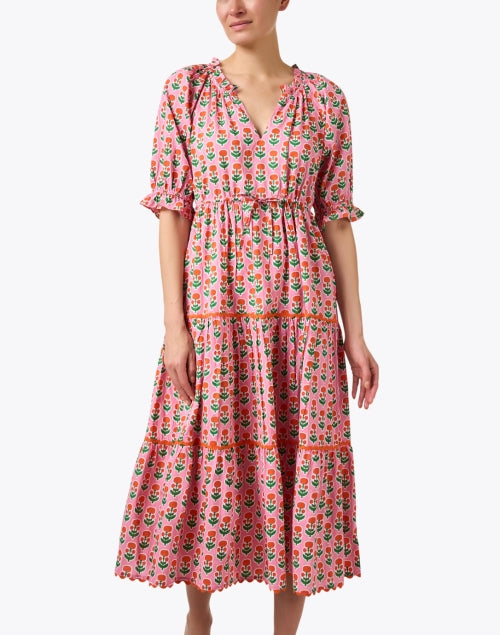 Calypso Pink Hand - Block Printed Floral Midi Dress with Ruffle Collar