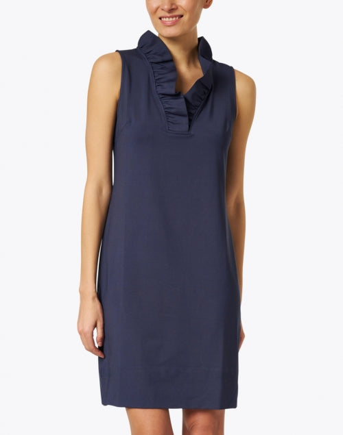 Navy Sleeveless Dress with Ruffled Neck for Warm Weather