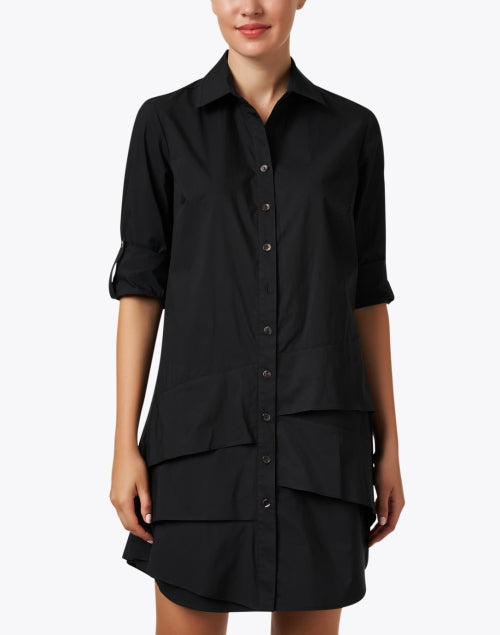 Jenna's Crisp Cotton Asymmetrical Tiered Black Shirt Dress