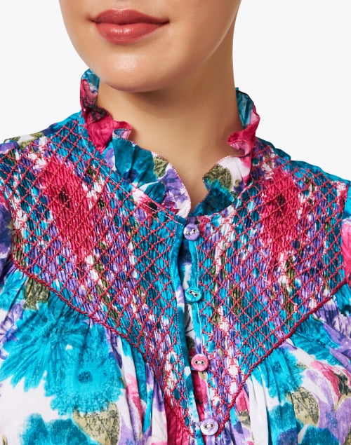 Elena Blue Floral Printed Cotton Dress with Self - Tie Waist